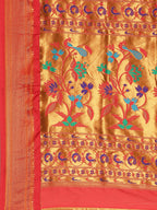 Muniya paithani saree silk blend in chintamani and red with muniya peacock meena butti - pallu detail showing woven motif design for wedding wear