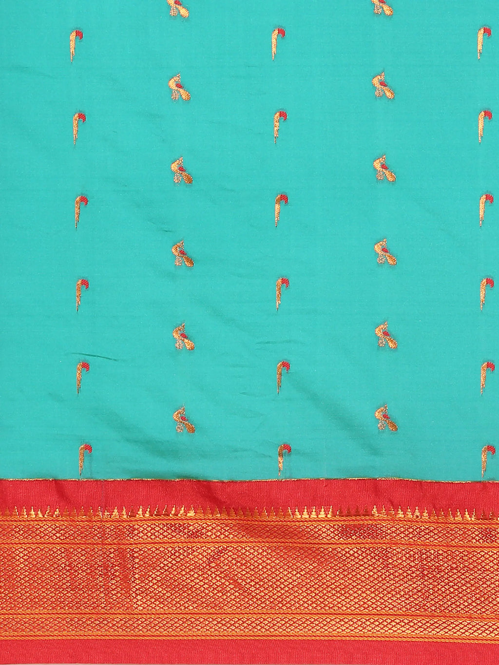 Muniya paithani saree silk blend in chintamani and red with muniya peacock meena butti - body fabric detail showing motif design for wedding wear