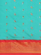 Muniya paithani saree silk blend in chintamani and red with muniya peacock meena butti - body fabric detail showing motif design for wedding wear