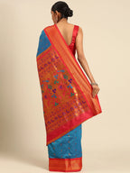 Muniya paithani saree silk blend in firozi and red with muniya peacock meena butti - back view showing pallu and border for wedding wear