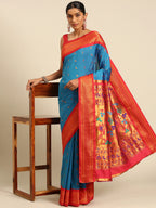 Muniya paithani saree silk blend in firozi and red with muniya peacock meena butti - styled model view for wedding wear