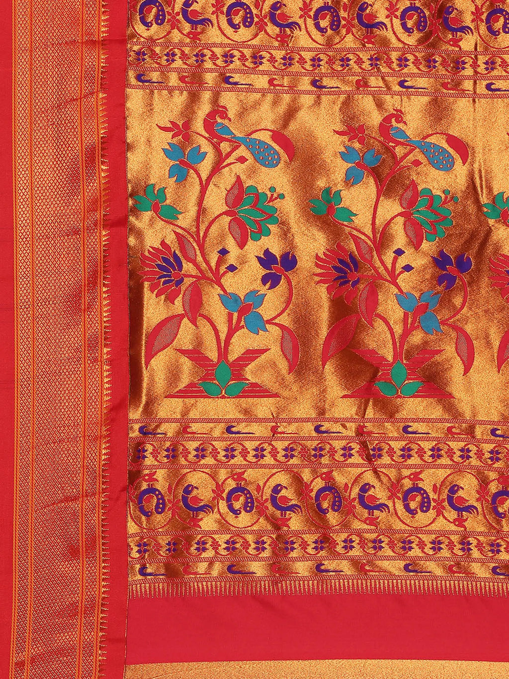 Muniya paithani saree silk blend in firozi and red with muniya peacock meena butti - pallu detail showing woven motif design for wedding wear