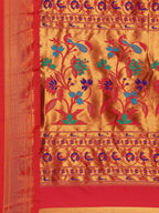 Muniya paithani saree silk blend in firozi and red with muniya peacock meena butti - pallu detail showing woven motif design for wedding wear