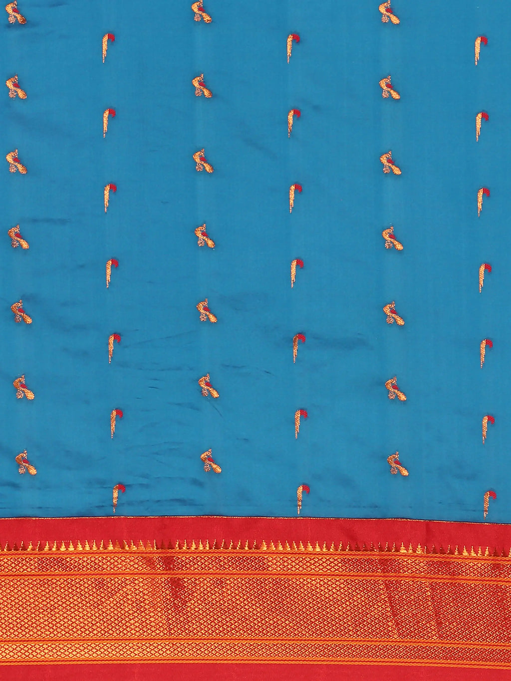 Muniya paithani saree silk blend in firozi and red with muniya peacock meena butti - body fabric detail showing motif design for wedding wear