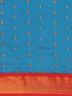 Muniya paithani saree silk blend in firozi and red with muniya peacock meena butti - body fabric detail showing motif design for wedding wear