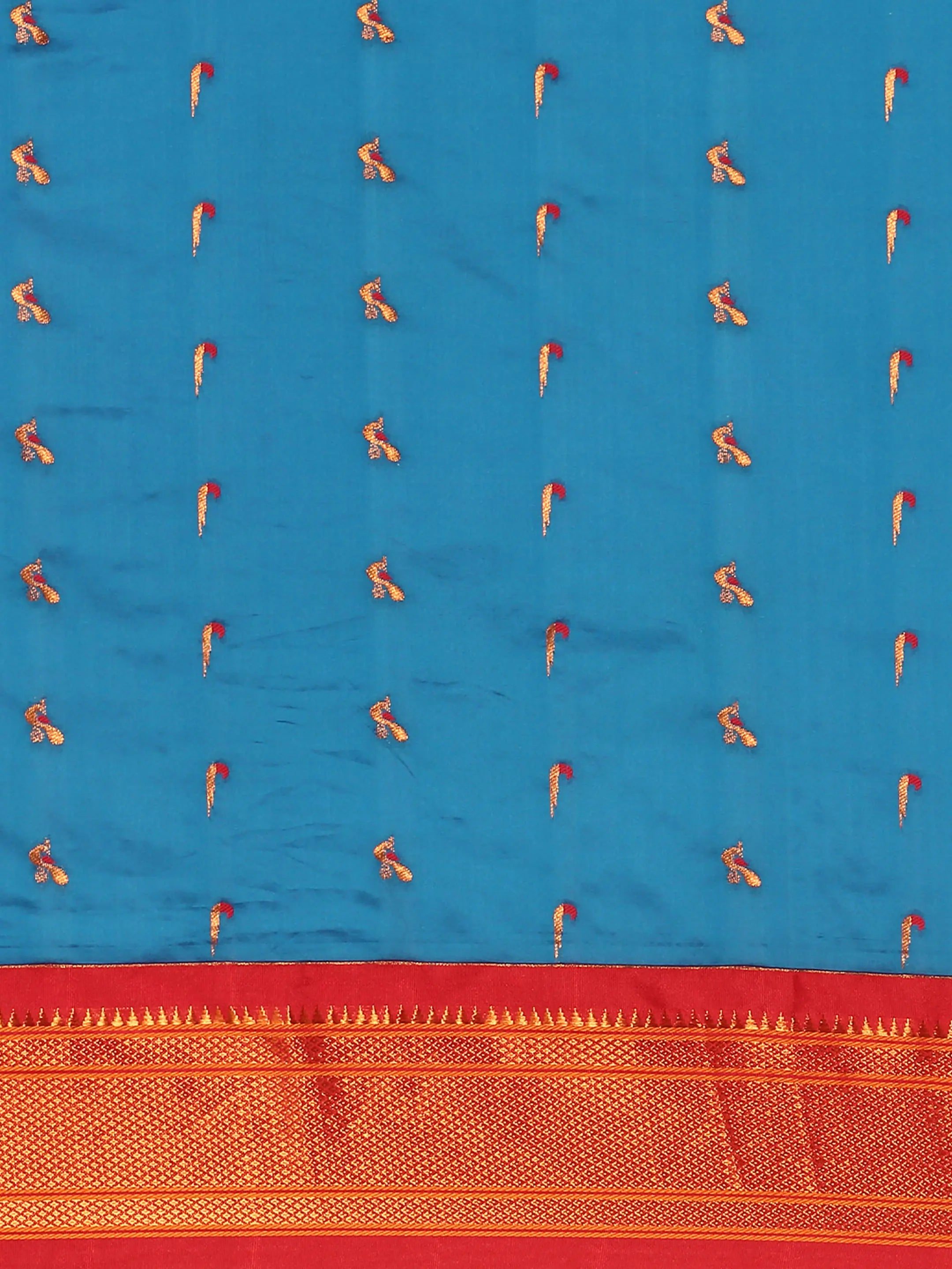 Muniya paithani saree silk blend in firozi and red with muniya peacock meena butti - body fabric detail showing motif design for wedding wear