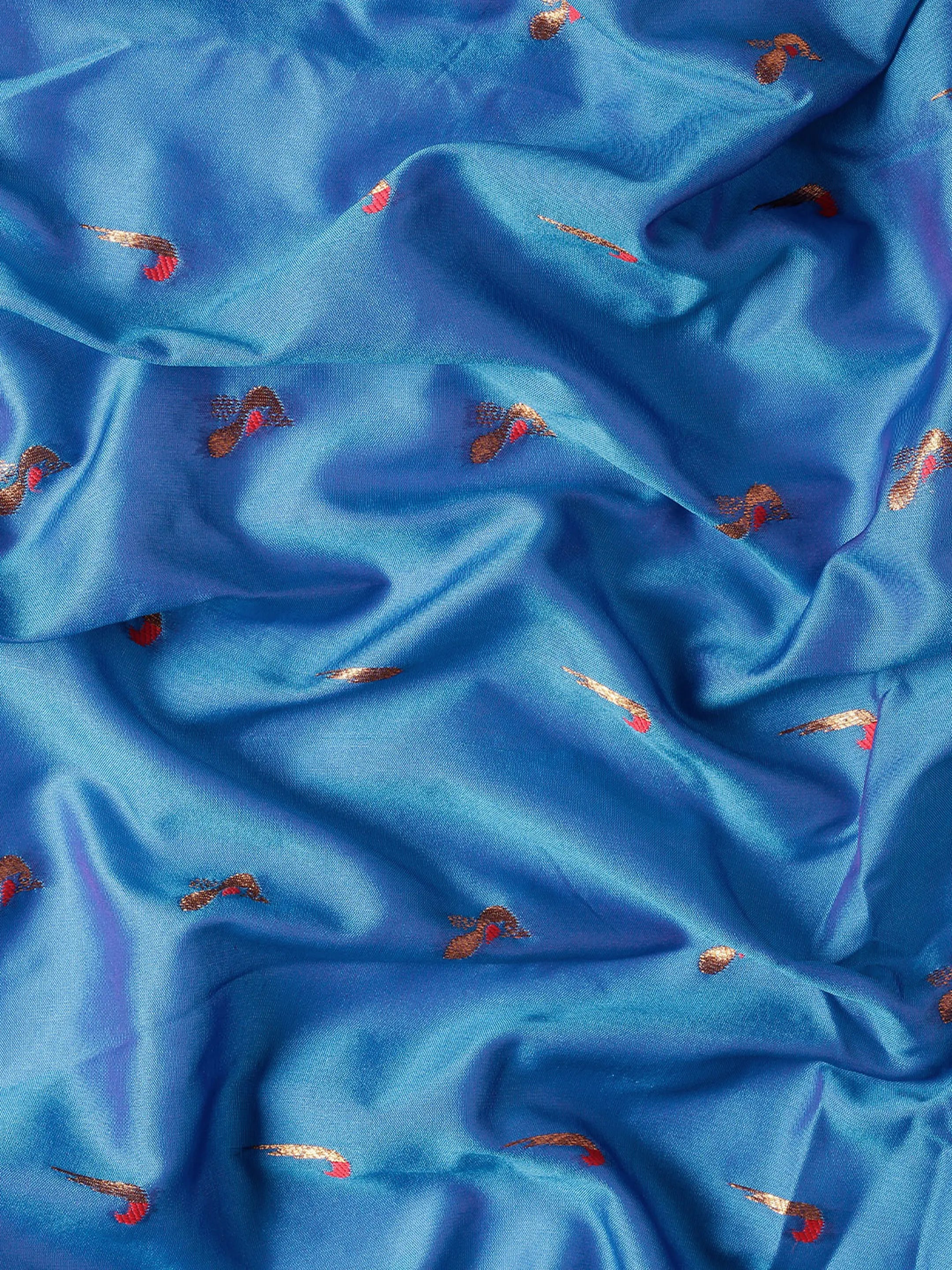 Muniya paithani saree silk blend in firozi and red with muniya peacock meena butti - fabric view for wedding wear