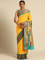 Muniya paithani saree silk blend in gold and rama with muniya peacock meena butti - front view for wedding wear