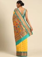 Muniya paithani saree silk blend in gold and rama with muniya peacock meena butti - back view showing pallu and border for wedding wear