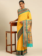 Muniya paithani saree silk blend in gold and rama with muniya peacock meena butti - styled model view for wedding wear