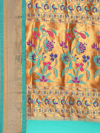 Muniya paithani saree silk blend in gold and rama with muniya peacock meena butti - pallu detail showing woven motif design for wedding wear
