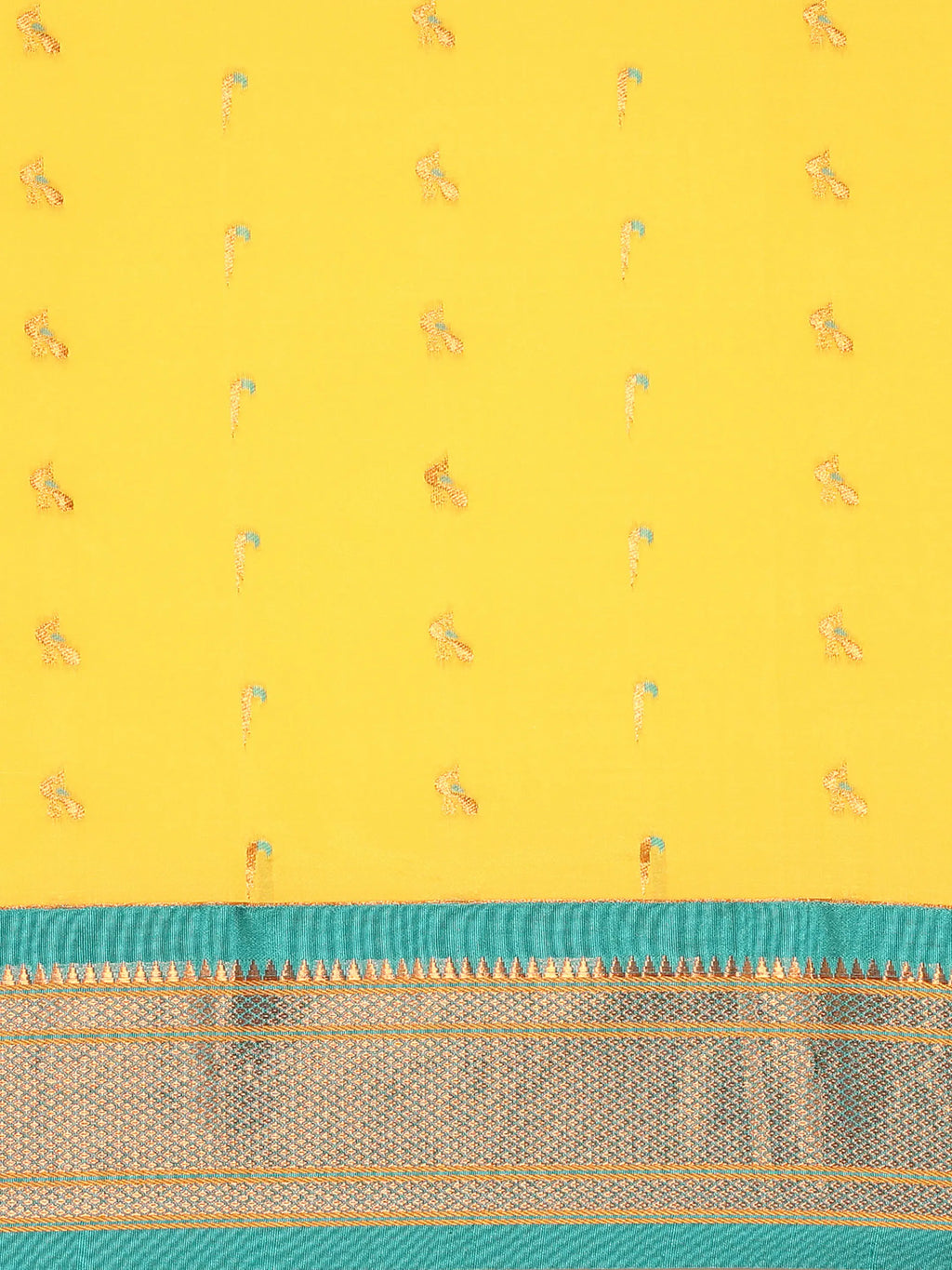 Muniya paithani saree silk blend in gold and rama with muniya peacock meena butti - body fabric detail showing motif design for wedding wear