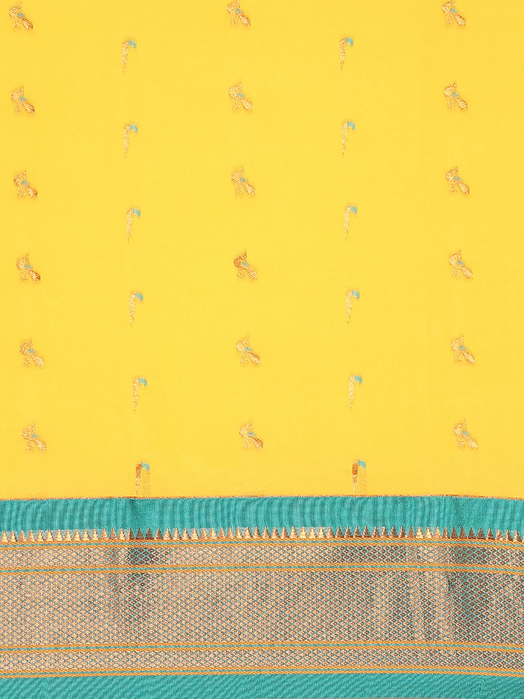 Muniya paithani saree silk blend in gold and rama with muniya peacock meena butti - body fabric detail showing motif design for wedding wear