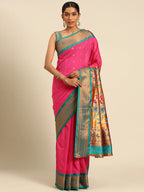 Muniya paithani saree silk blend in hot, pink and rama with muniya peacock meena butti - front view for wedding wear