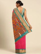 Muniya paithani saree silk blend in hot, pink and rama with muniya peacock meena butti - back view showing pallu and border for wedding wear