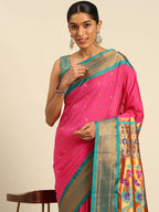 Muniya paithani saree silk blend in hot, pink and rama with muniya peacock meena butti - closeup view showing fabric and zari work for wedding wear
