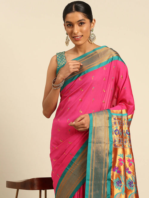 Muniya paithani saree soft silk in hot pink and rama with muniya peacock meena butti - closeup view showing fabric and zari work for wedding wear