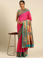 Muniya paithani saree silk blend in hot, pink and rama with muniya peacock meena butti - styled model view for wedding wear