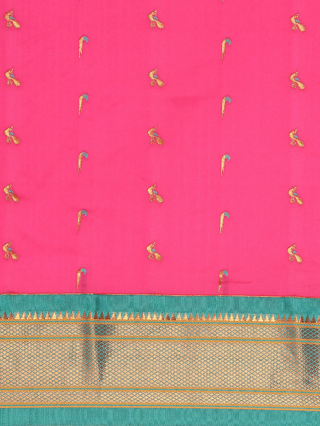 Muniya paithani saree silk blend in hot, pink and rama with muniya peacock meena butti - body fabric detail showing motif design for wedding wear