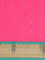 Muniya paithani saree silk blend in hot, pink and rama with muniya peacock meena butti - body fabric detail showing motif design for wedding wear