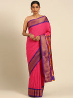 Muniya paithani saree silk blend in hot, pink and violet with muniya peacock meena butti - front view for wedding wear