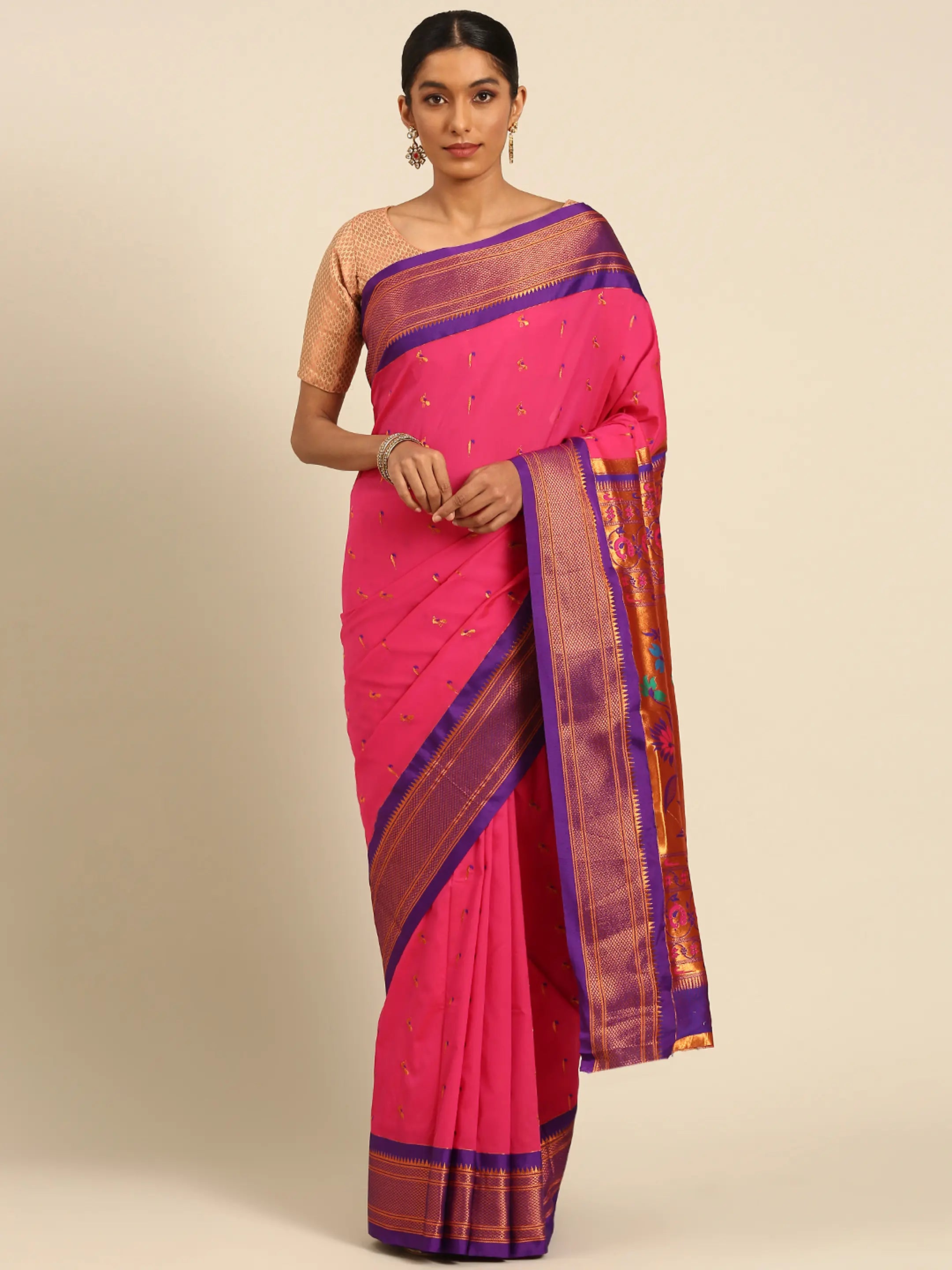 Muniya paithani saree silk blend in hot, pink and violet with muniya peacock meena butti - front view for wedding wear
