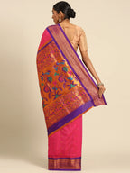 Muniya paithani saree silk blend in hot, pink and violet with muniya peacock meena butti - back view showing pallu and border for wedding wear