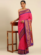 Muniya paithani saree silk blend in hot, pink and violet with muniya peacock meena butti - styled model view for wedding wear