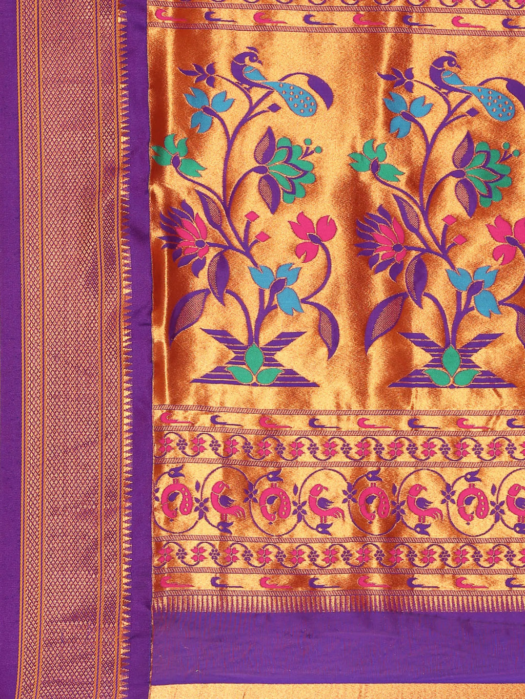 Muniya paithani saree silk blend in hot, pink and violet with muniya peacock meena butti - pallu detail showing woven motif design for wedding wear