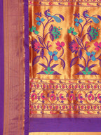 Muniya paithani saree silk blend in hot, pink and violet with muniya peacock meena butti - pallu detail showing woven motif design for wedding wear