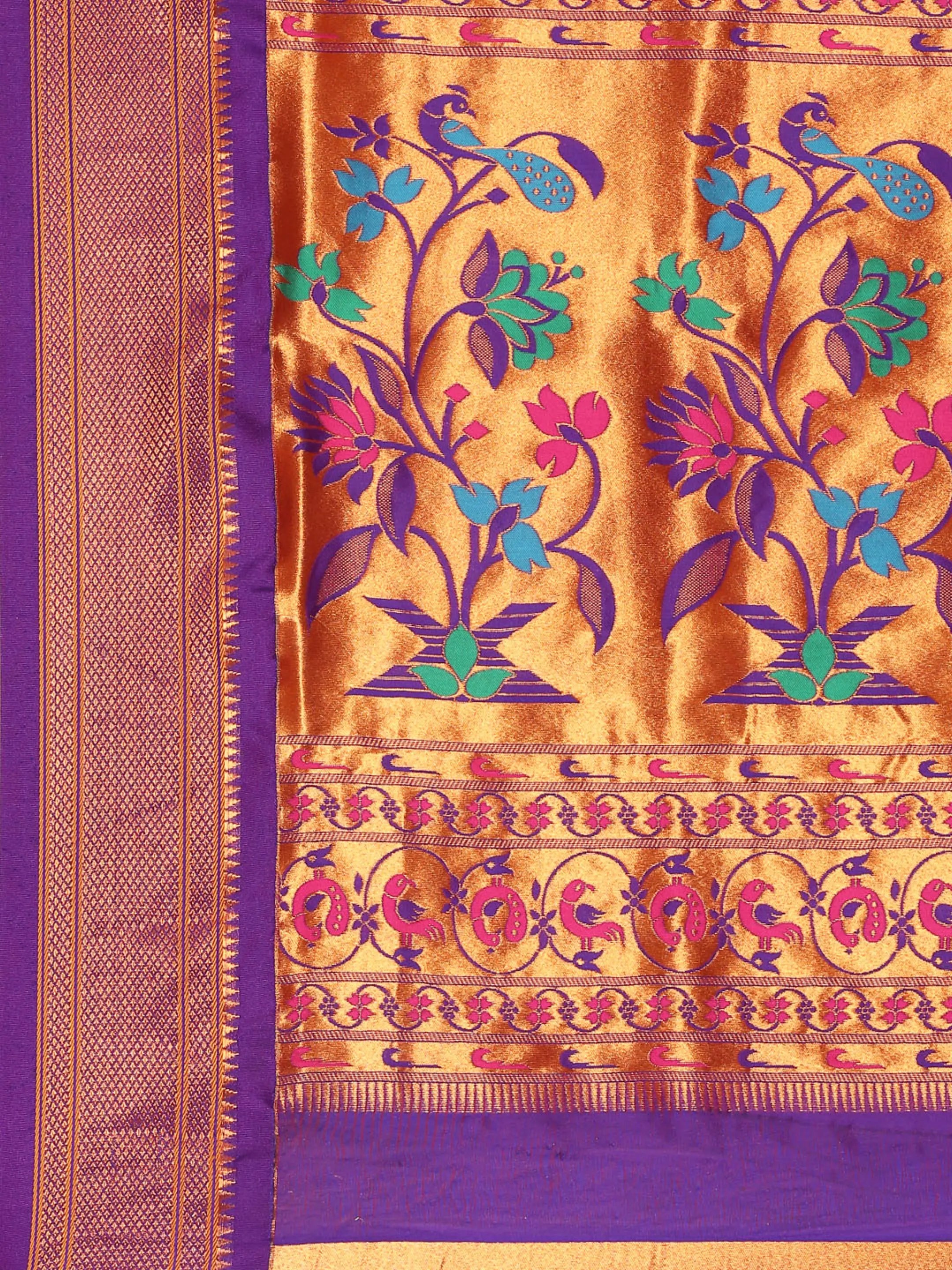 Muniya paithani saree silk blend in hot, pink and violet with muniya peacock meena butti - pallu detail showing woven motif design for wedding wear