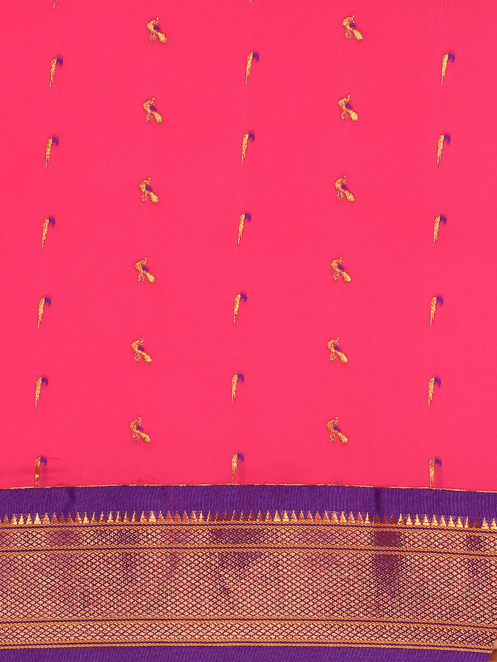 Muniya paithani saree silk blend in hot, pink and violet with muniya peacock meena butti - body fabric detail showing motif design for wedding wear