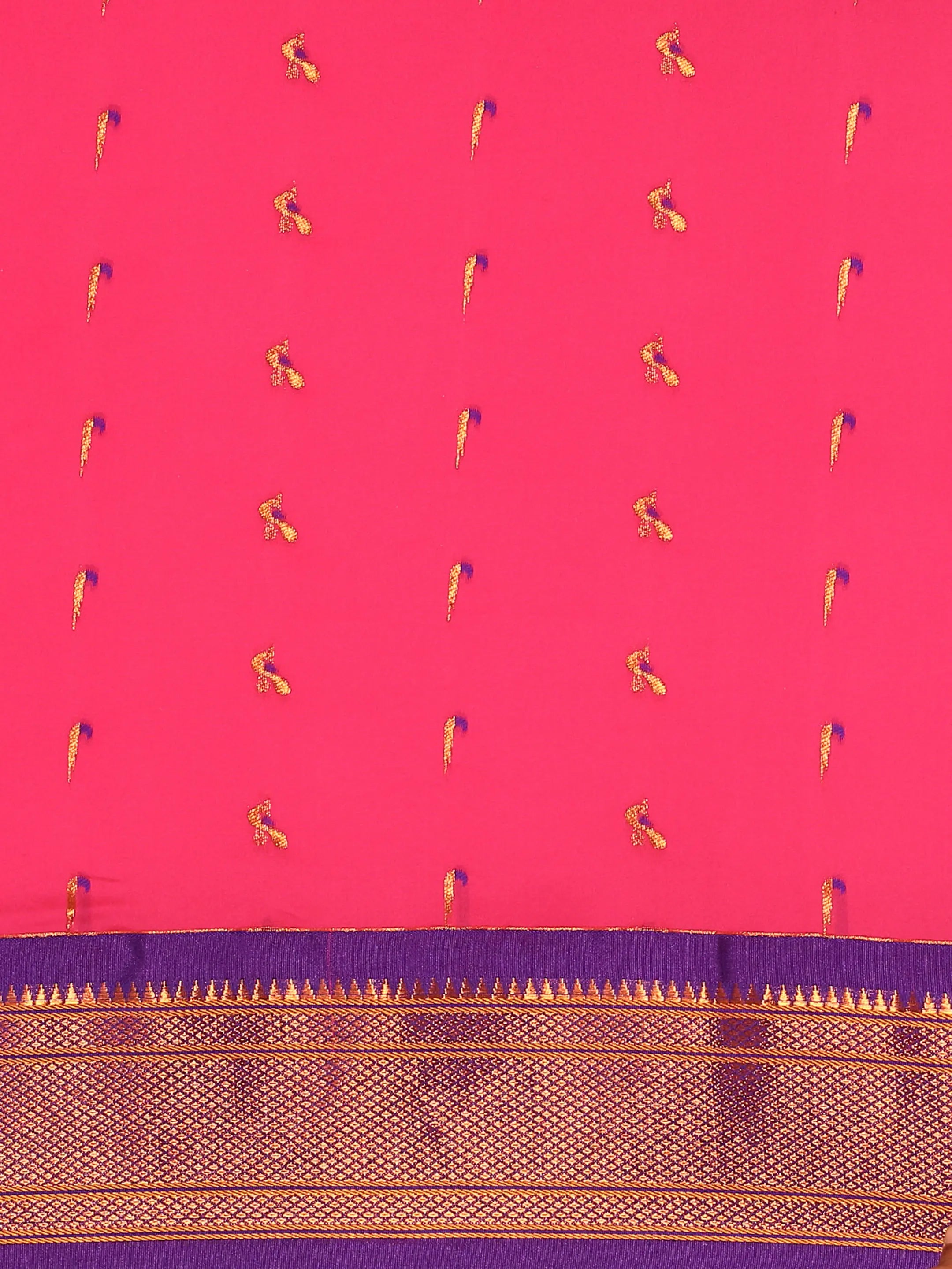 Muniya paithani saree silk blend in hot, pink and violet with muniya peacock meena butti - body fabric detail showing motif design for wedding wear