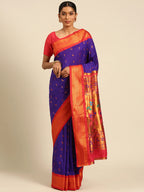 Muniya paithani saree silk blend in indigo blue and red with muniya peacock meena butti - front view for wedding wear