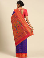 Muniya paithani saree silk blend in indigo blue and red with muniya peacock meena butti - back view showing pallu and border for wedding wear