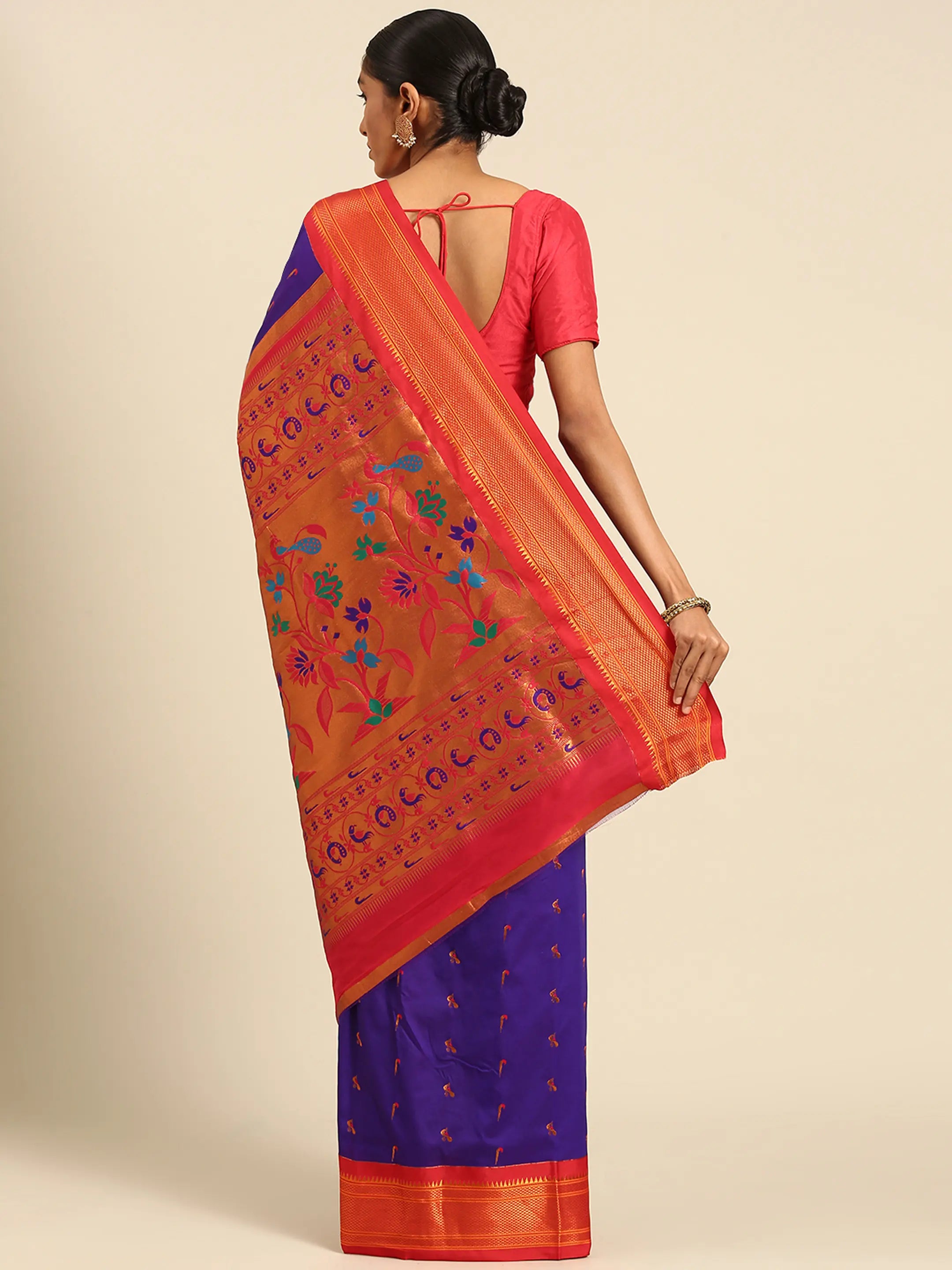Muniya paithani saree silk blend in indigo blue and red with muniya peacock meena butti - back view showing pallu and border for wedding wear