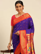 Muniya paithani saree silk blend in indigo blue and red with muniya peacock meena butti - closeup view showing fabric and zari work for wedding wear
