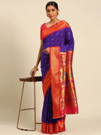 Muniya paithani saree silk blend in indigo blue and red with muniya peacock meena butti - styled model view for wedding wear