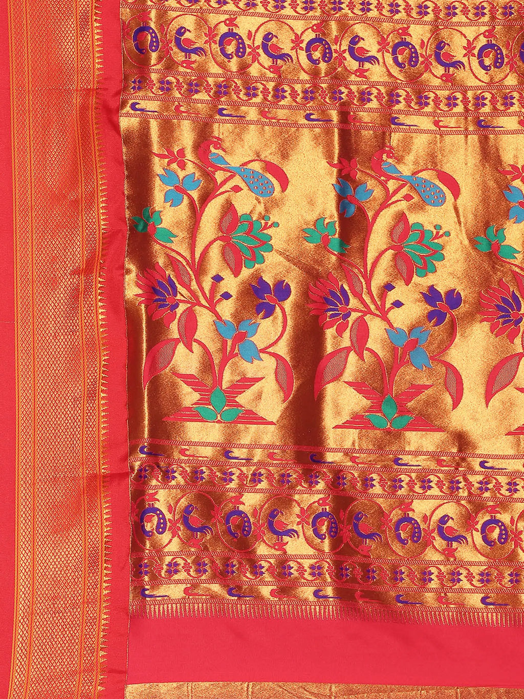 Muniya paithani saree silk blend in indigo blue and red with muniya peacock meena butti - pallu detail showing woven motif design for wedding wear