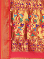 Muniya paithani saree silk blend in indigo blue and red with muniya peacock meena butti - pallu detail showing woven motif design for wedding wear