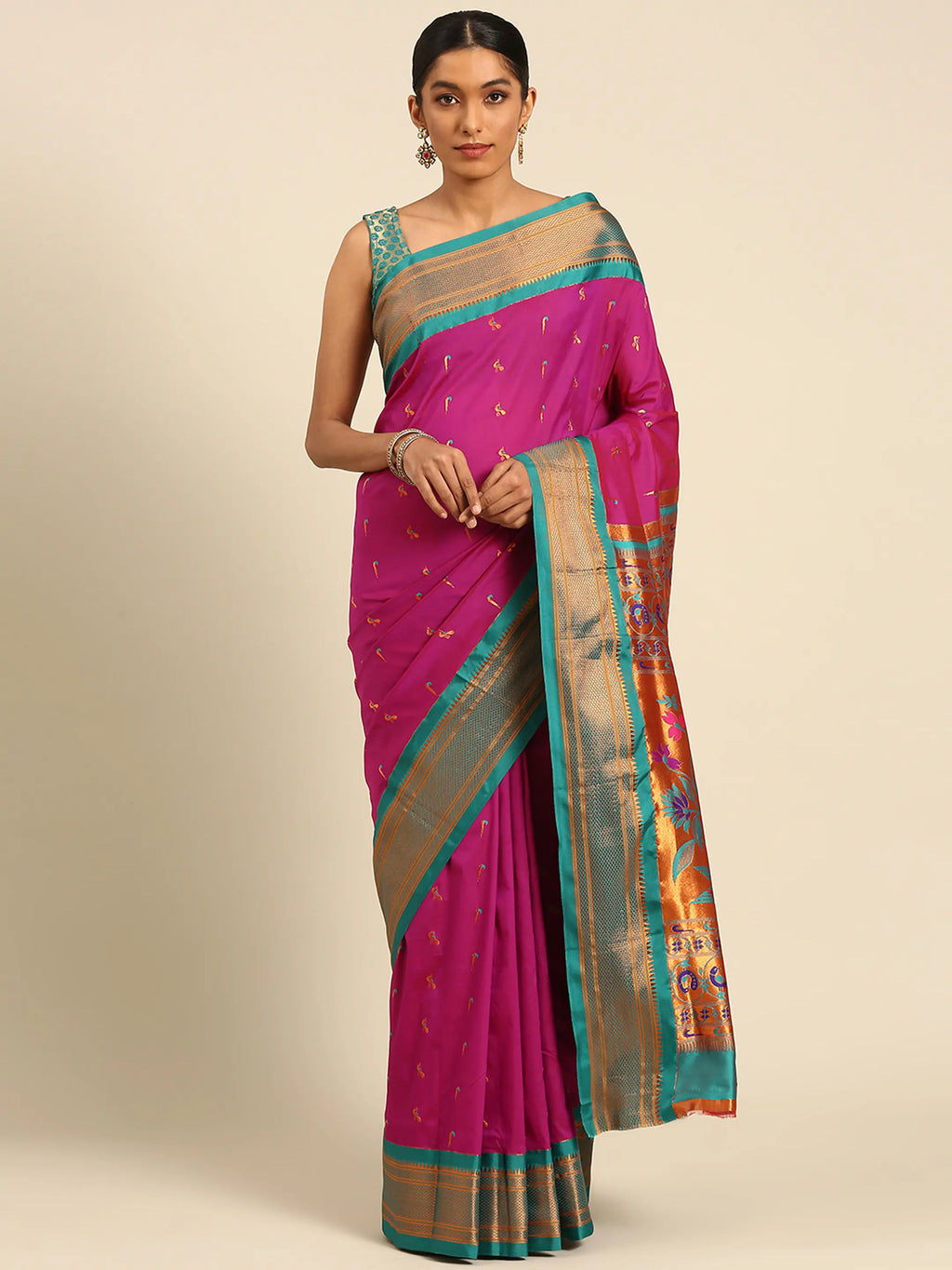 Muniya paithani saree silk blend in magenta and rama with muniya peacock meena butti - front view for wedding wear