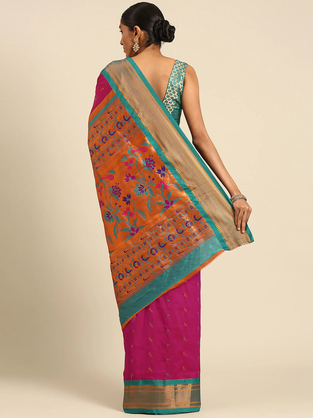 Muniya paithani saree silk blend in magenta and rama with muniya peacock meena butti - back view showing pallu and border for wedding wear