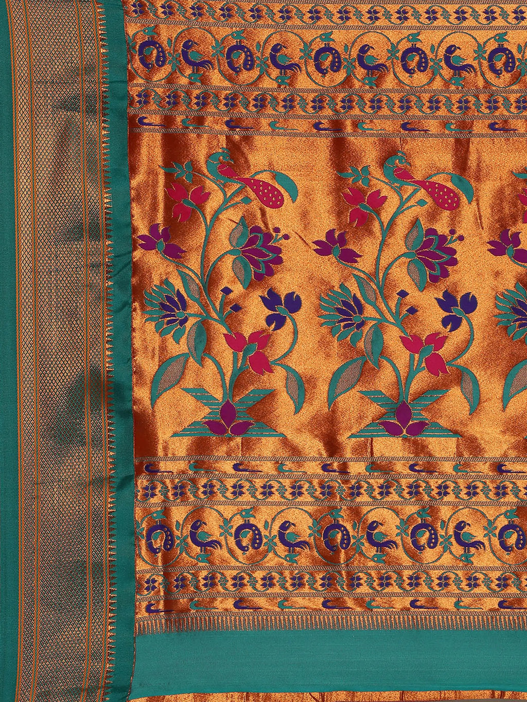 Muniya paithani saree silk blend in magenta and rama with muniya peacock meena butti - pallu detail showing woven motif design for wedding wear