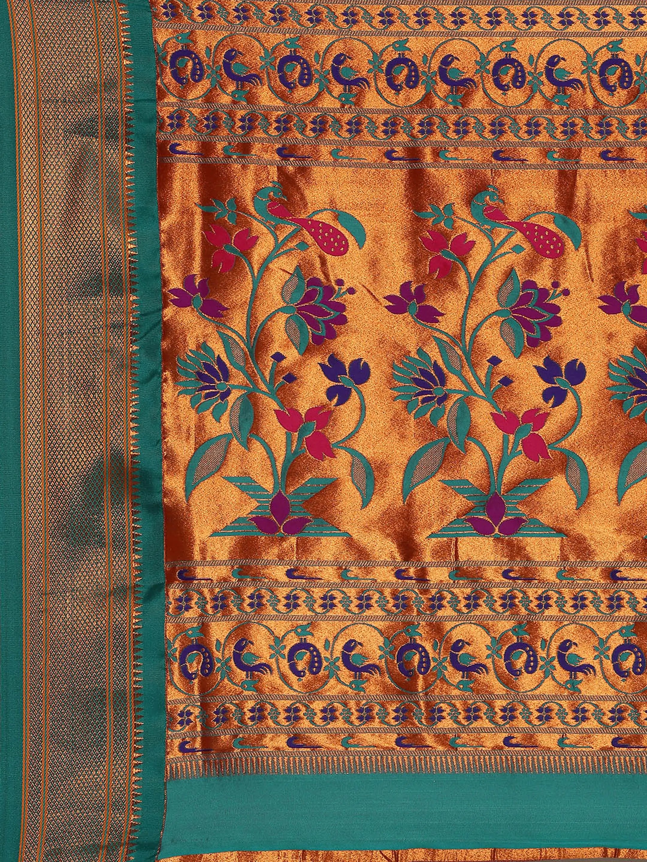 Muniya paithani saree silk blend in magenta and rama with muniya peacock meena butti - pallu detail showing woven motif design for wedding wear