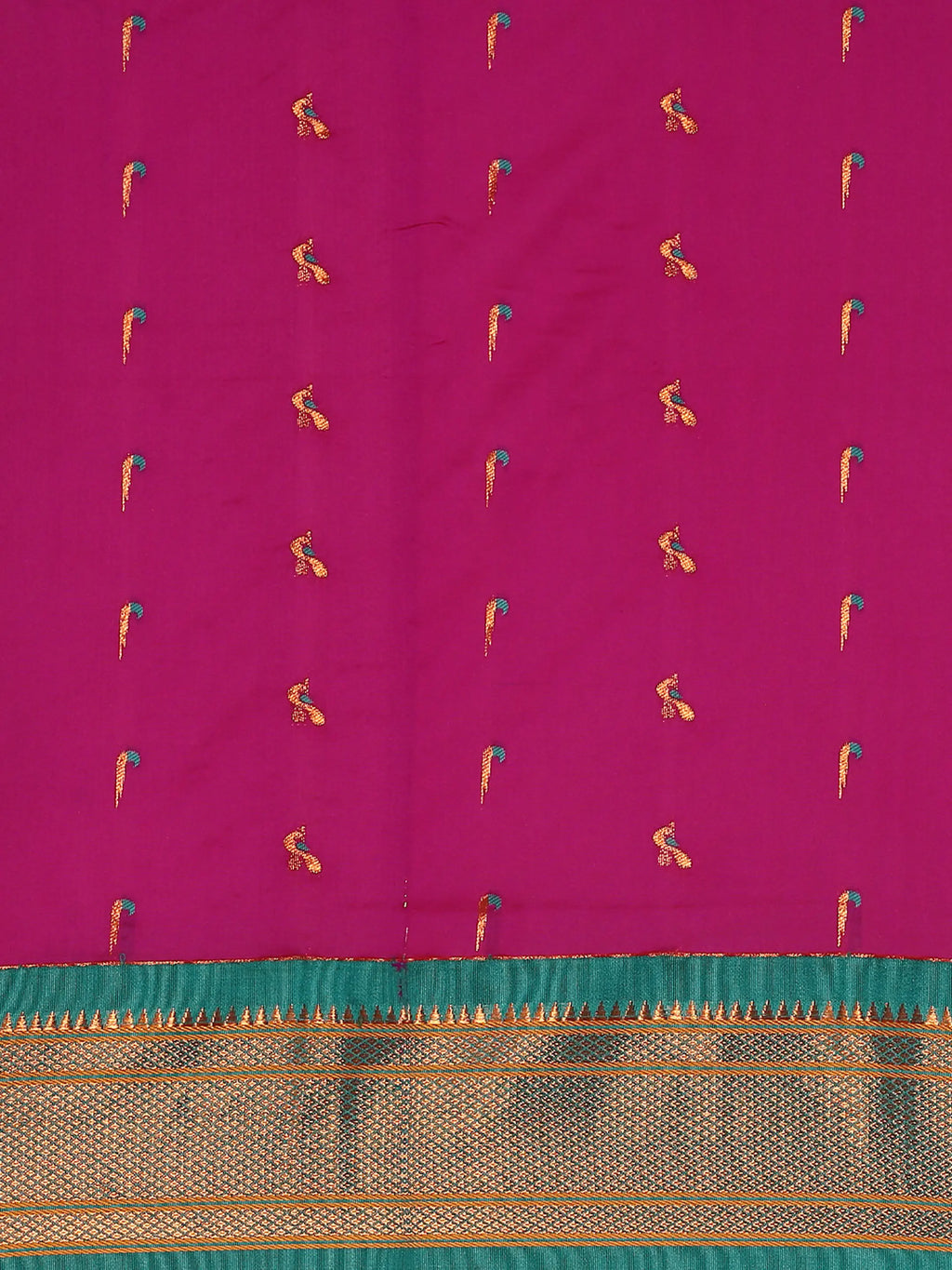 Muniya paithani saree silk blend in magenta and rama with muniya peacock meena butti - body fabric detail showing motif design for wedding wear