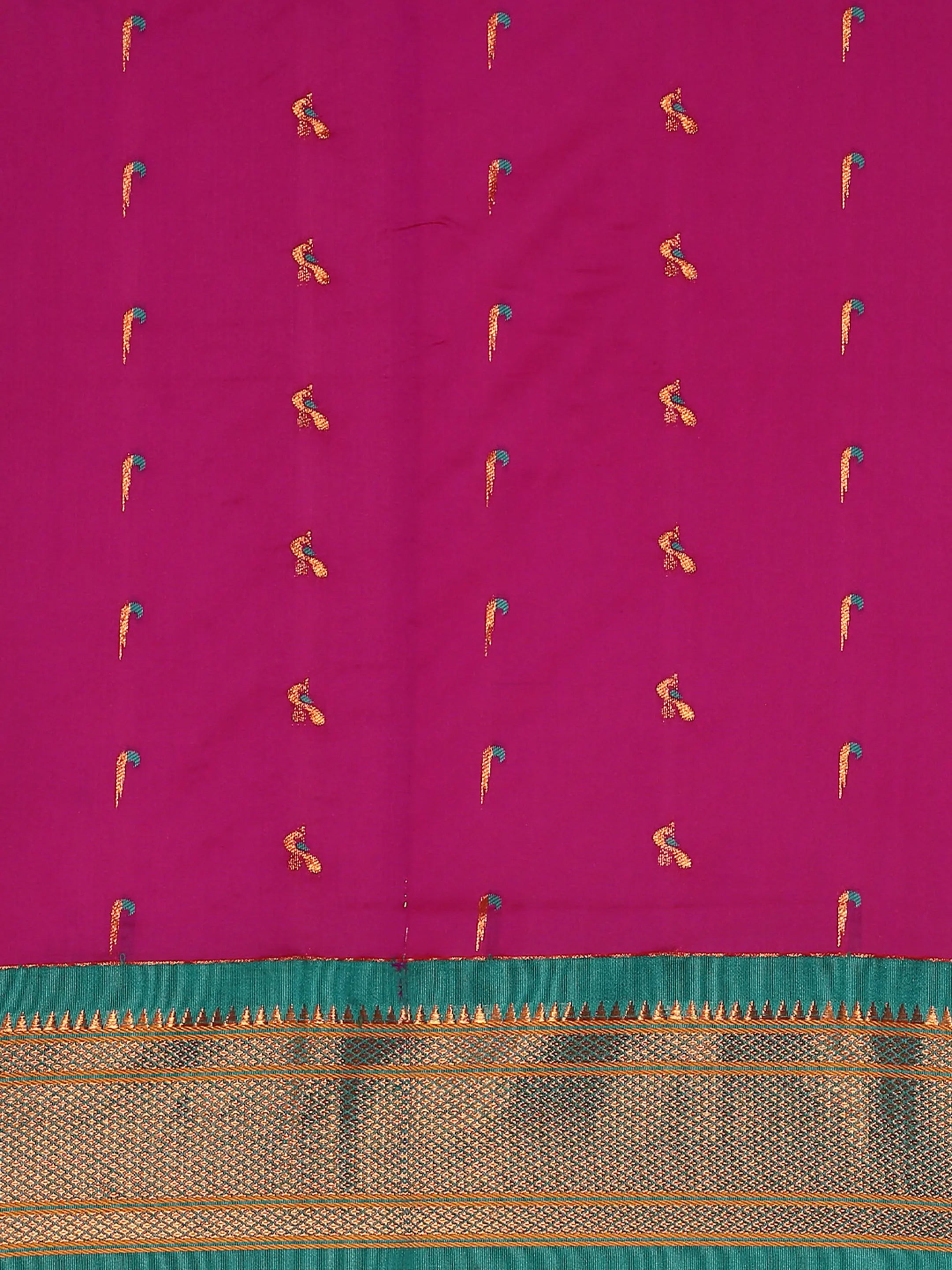 Muniya paithani saree silk blend in magenta and rama with muniya peacock meena butti - body fabric detail showing motif design for wedding wear