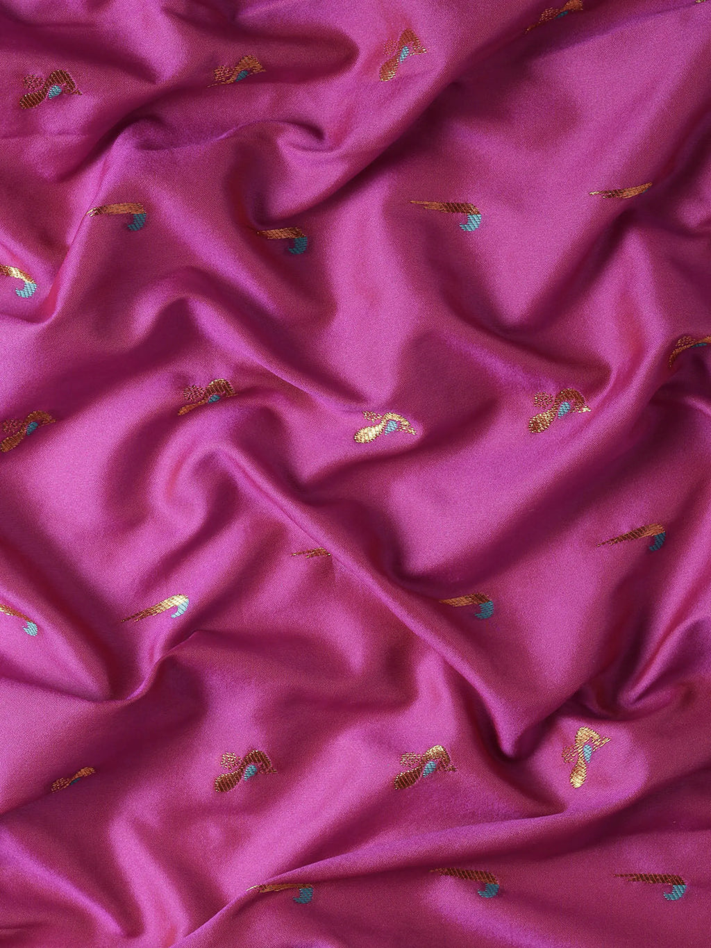 Muniya paithani saree silk blend in magenta and rama with muniya peacock meena butti - fabric view for wedding wear