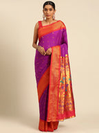 Muniya paithani saree silk blend in purple and red with muniya peacock meena butti - front view for wedding wear