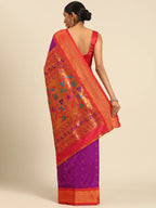 Muniya paithani saree silk blend in purple and red with muniya peacock meena butti - back view showing pallu and border for wedding wear