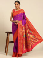 Muniya paithani saree silk blend in purple and red with muniya peacock meena butti - styled model view for wedding wear